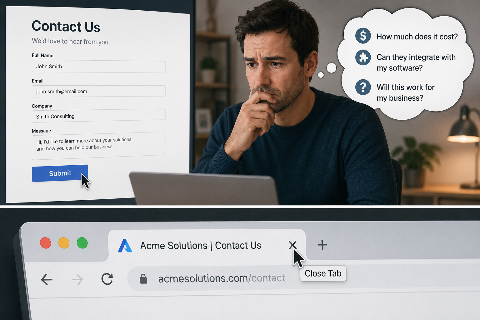 Visitors bounce due to unanswered questions mockup